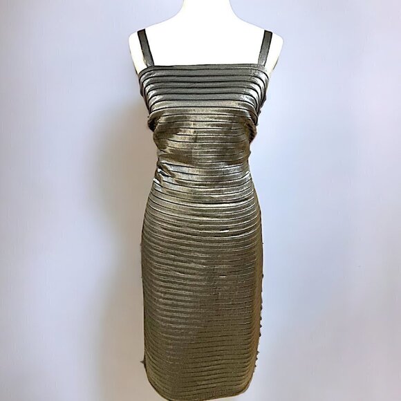 R & M Richards Metallic Gray Midi Sleveless Ruched Accordian Style Dress Size 14 - Picture 1 of 10